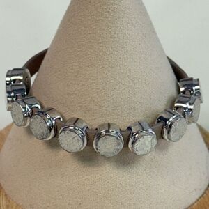 Henri Bendel Silvertone Logo Leather Band Bracelet